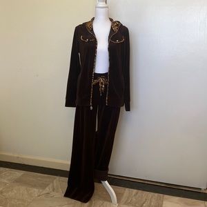 🤎💎Christine Alexander Brown Velour Lounge Set W/Chita Detail & Crystals Sz M